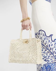 Ferragamo "The Studio" top handle bag in raffialike cotton     Rolled top handles    Open top with golden Gancini slider clasp closure     Interior, removable zip pouch bag     Feet protect bottom of bag     Approx. 9.4"H x 11.4"W x 5.7"D    Made in Italy Raffia Basket, Woven Raffia, Summer Bag, Raffia Bag, Silver Engraving, Orange Bag, Basket Bag, Sand Beige, Purple Bags