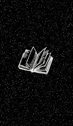 an open book on a black background with white dots in the sky and stars around it