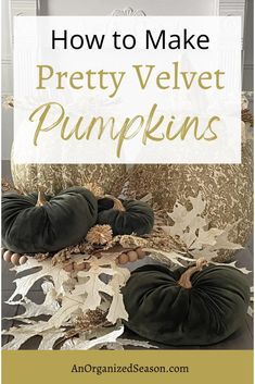 two pumpkins sitting on top of a pile of leaves with the words how to make pretty velvet pumpkins