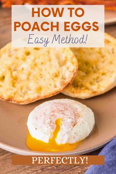 an egg is being drizzled on top of some bread with the words, how to poach eggs easy method perfectly