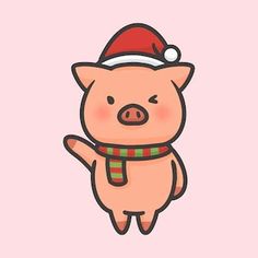 a pig with a santa hat and scarf on it's head is standing in front of a pink background