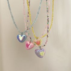 Material: Imitation pearl Color: Blue, Yellow, Purple, Pink Fashion Element: Love Heart/Heart Shape Style: Korean Korean Style Party Beaded Necklaces With Heart Beads, Party Necklaces With Heart Beads And Pendant, Party Necklace With Heart Pendant And Beads, Trendy Heart Beads For Jewelry Making, Party Beaded Necklaces With Heart Pendant, Heart Beaded Necklaces For Valentine's Day Party, Heart Shaped Beaded Chain Jewelry For Party, Heart-shaped Beaded Chain Jewelry For Party, Cute Heart Necklace For Valentine's Day Party