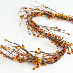 a bunch of twigs with orange and yellow flowers on them, laying on a white surface