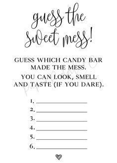 a printable guess game with the words guess which candy bar made the mess you can look, smell and taste if you dare