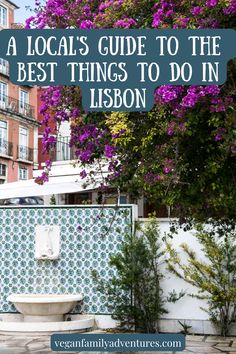 a fountain with purple flowers in the background and text overlay that reads a local's guide to the best things to do in lisbon