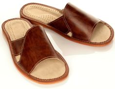 Classic Brown Slides With Leather Sole, Classic Brown Slides With Leather Lining, Classic Leather Slide Slippers, Classic Brown Leather Slippers, Brown Slide Slippers With Rubber Sole, Brown Slippers, Pattern Flip Flops, White Mules, Wooden Clogs