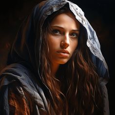 a painting of a woman wearing a hoodie and looking at the camera with an intense look on her face