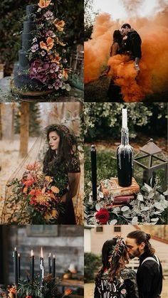 a collage of photos with flowers and candles in the middle, an orange smokestack