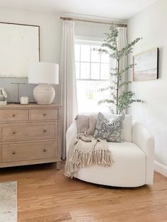 a living room filled with furniture and a tree in the middle of the room on top of a hard wood floor