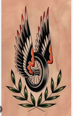 an old school tattoo design with wings and a wheel on the back of a bicycle