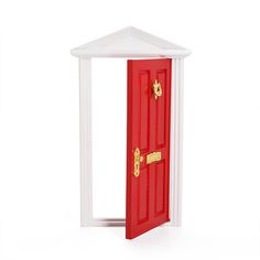 an open red door with a white frame on the side and gold handles to it