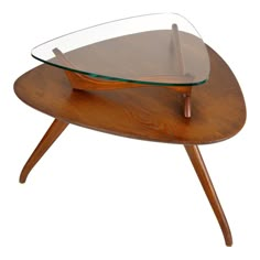 a wooden table with a glass top on it's legs and an upside down shelf