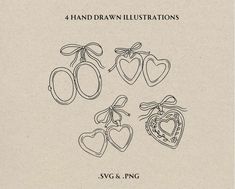 four hand drawn illustrations of hearts and frames