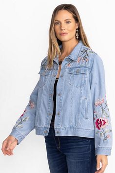 Crafted from 100% durable cotton denim, the Erinn Denim Jacket offers a fresh take on a classic wardrobe staple. Featuring a collared button-front with snap closure, this jacket is finished with bold floral embroidery at the front and back for a stunning finished look. Pair with a white tee and bold color skirt for a fresh warm-weather ensemble. Johnny Was Women's Erinn Denim Jacket in Denim Blue, Size XL, Cotton/Denim, Floral Spring Medium Wash Denim Jacket With Pockets, Medium Wash Button-up Denim Vest For Spring, Spring Medium Wash Button-up Denim Jacket, Spring Light Wash Button-up Denim Jacket, Dark Wash Button-up Denim Vest For Spring, Spring Cotton Denim Jacket With Long Sleeves, Spring Button-up Denim Vest, Spring Cotton Denim Jacket With Pockets, Spring Denim Jacket With Pockets