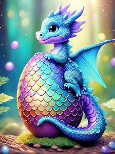 a blue and purple dragon sitting on top of an egg in the middle of a forest