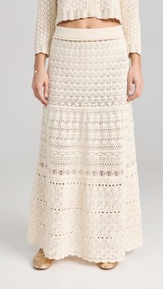 Fabric: Mid-weight pointelle knitTiered skirtCovered elastic waistbandShell: 100% cottonHand washImported, ChinaStyle #BASHH30497 Crochet Maxi Skirt, Crochet Maxi, Pointelle Knit, Skirt Maxi, Crochet Skirt, Mesh Skirt, Organic Farming, Jena, Tier Skirt