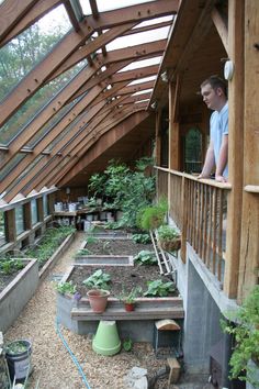 a man standing on the balcony of a building with lots of plants growing in it