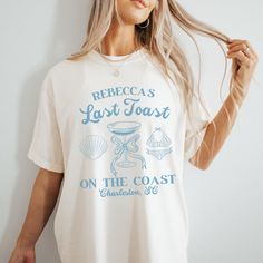 Custom Last Toast On The Coast Bachelorette Shirts Luxury Bach Merch *Colors can be changed to match your party theme & colors* Comfort Colors Garment Dyed 1717 Unisex Tee Shirt Relaxed fit, please check the size chart in photos to ensure the correct size.  100% Ring Spun Cotton Pre-Shrunk Fabric for size retention Care Instructions:  Machine wash cold inside out, Tumble dry low Thanks for shopping small! hhcustomdesignco.etsy.com Fitted Crew Neck T-shirt For Beach Season, Holiday Crew Neck Tops For Beach Season, Crew Neck Tops For Beach Season Holiday, Holiday Beach Tops With Letter Print, Letter Print Tops For Beach Holiday, Short Sleeve Tops For Beach Season Holiday, Bach Merch, Toast On The Coast Bachelorette, Beach Bach