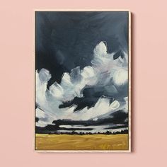 a painting on a pink wall with clouds in the sky