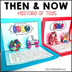 two children's toys are shown with the words, then and now