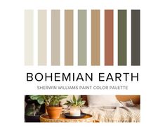 bohemian earth sheryln williams paint color palette with potted plants and candles on the table