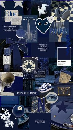 a collage of blue and white items