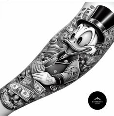 mickey mouse tattoo on the arm with money in his hand and an image of donald duck