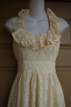 "Lovely lace prairie dress. Has the Gunne Sax style and look. No tags. Maxi length. Estimated size Small. Zips in back. Condition is good -no flaws to note! measurements taken across front lying flat Length50\" armpit to bottom Bust16.5\" laying flat Waist12.5\" empire Hips30\"" Embroidery Aprons, Butterfly Embroidery, Dress Halter, Crochet Shirt, Gunne Sax, Prairie Dress, Green Ribbon, Dyed Dress, Betsey Johnson