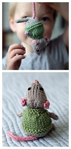 two pictures of a baby playing with an ornament and another photo of a stuffed animal