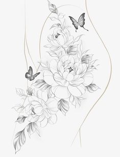 a woman's stomach with flowers and butterflies on the side, in black and white