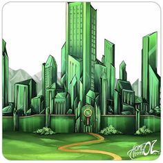 a drawing of a green city with tall buildings