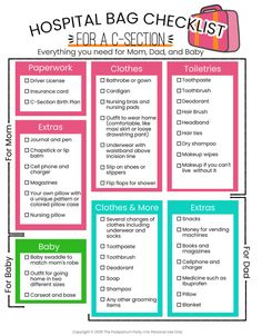 the hospital bag checklist is shown in pink and green