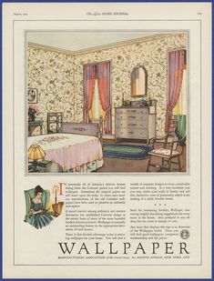 an old advertisement for wallpaper featuring a woman in her bedroom with the bed and dresser