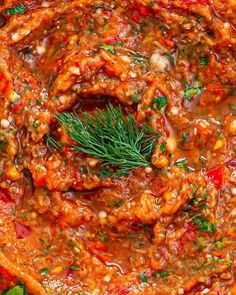 an overhead view of a dish with meat and vegetables in tomato sauce, garnished with fresh herbs