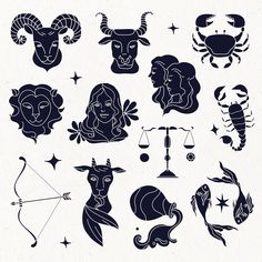 zodiac symbols and signs are shown in black on a white background, as well as stars