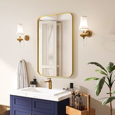 a bathroom sink with a mirror above it and a plant in the corner next to it