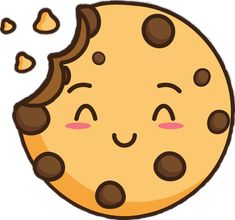 a cartoon cookie with chocolate chips falling out of it's mouth and eyes closed