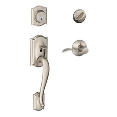 an image of a door handle and knob with the handles in satin stainless steel, on a white background