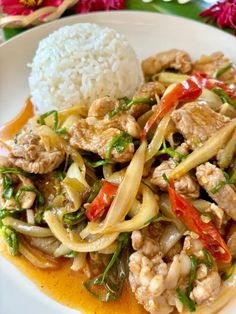 a white plate topped with meat and veggies covered in sauce next to rice