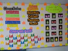 the bulletin board is decorated with many different colors