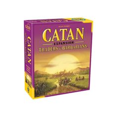 the catan board game is shown in its box and it's contents are purple