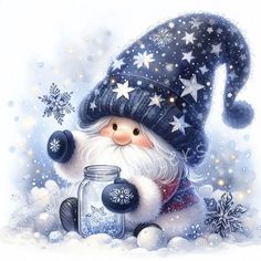 a painting of a santa clause holding a jar with snowflakes and stars on it