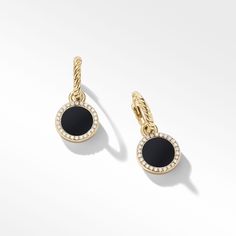 18-karat yellow gold • Black onyx • Pavé diamonds, 0.22 total carat weight • Earring drop length, 22.6mm • Earring diameter, 11mm Timeless Symbol, David Yurman, Pave Diamonds, Black Onyx, Gold Black, Women's Earrings, Onyx, Diamonds, Yellow Gold