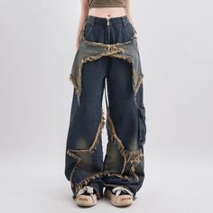 Retro Style High Waist Wide Leg Streetwear Denim Pants, HipHop Baggy Contrast Color Denim Women's Pants, Unique Star Patchwork Women's Pants 🛍️Step into a world of vintage charm and urban flair with our Retro Style High Waist Wide Leg Streetwear Denim Pants. These HipHop Baggy Contrast Color Women's Pants redefine casual fashion, boasting a fusion of style and comfort that's perfect for today's streetwear scene.  🛍️The unique star patchwork adds a touch of individuality to these high-waisted wide-leg denim pants, making a statement that's impossible to ignore. 🛍️ Whether you're aiming for a laid-back yet striking look or want to showcase your penchant for innovative fashion, these pants are a must-have addition to your wardrobe. Style: High Street Jeans Style: Wide Leg Pants Fabric Type Grunge Pants, Style Bleu, Korean Streetwear, Moda Jeans, Jeans Outfits, Straight Trousers, Pantalon Large, 가을 패션, Women Denim Jeans