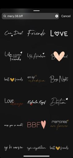 an iphone screen with different types of text on it and the words love are written in white