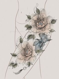 an artistic tattoo design with flowers and leaves