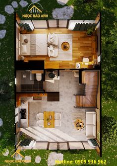 an aerial view of a small house in the middle of some trees and grass, looking down on it's living area