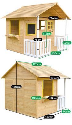 the size and measurements of a wooden dog house with porches, windows, and stairs