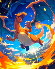 a cartoon character riding on the back of a fire breathing pokemon with his mouth open