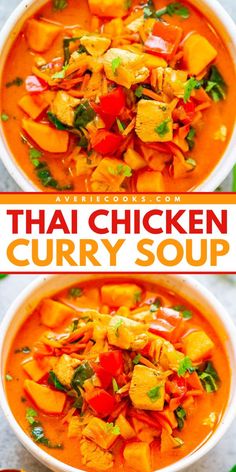 Get ready for this Thai Coconut Curry Chicken Soup! You're just 30 minutes away from this healthy eating idea. Loaded with veggies in a creamy coconut milk broth, this red curry soup recipe is an amazing healthy eating idea!